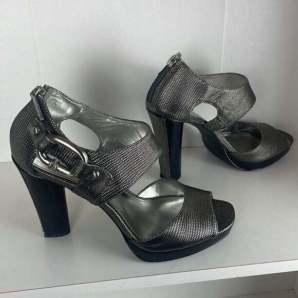 Calvin Klein Melissa Pewter Metallic Lizard Embossed Sandals 7.5 - Picture 2 of 10
